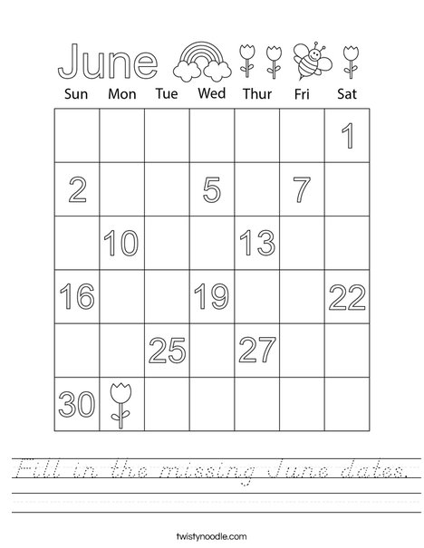Fill in the missing June dates. Worksheet
