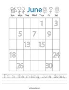 Fill in the missing June dates Handwriting Sheet