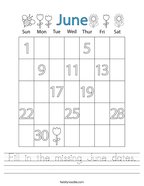 Fill in the missing June dates Handwriting Sheet
