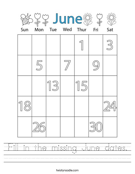 Fill in the missing June dates. Worksheet