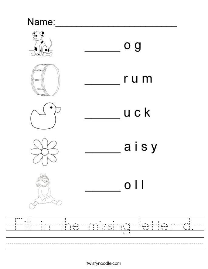 d'nealian font handwriting practice in the missing Twisty Worksheet Noodle Fill d letter