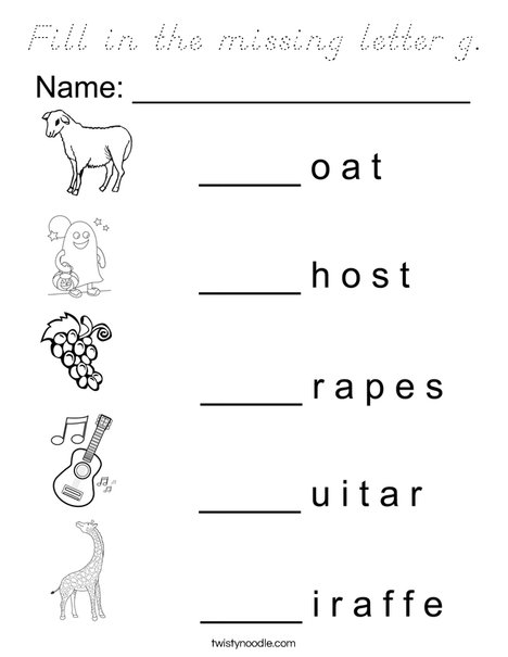 Fill in the missing letter g Coloring Page - D'Nealian - Twisty Noodle