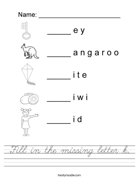 fill in the missing letter k worksheet cursive twisty