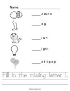 Fill in the missing letter l Handwriting Sheet