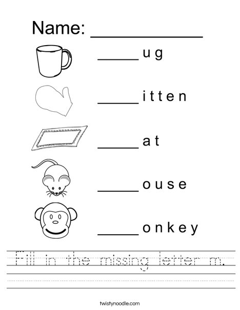 Fill in the missing letter m Worksheet - Twisty Noodle fill-in-the-missing-letter-m-worksheet-twisty-noodle