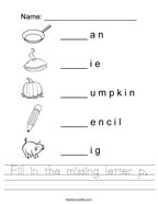Fill in the missing letter p Handwriting Sheet