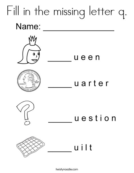 fill in the missing letter q coloring page twisty noodle