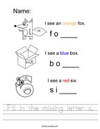 Fill in the missing letter x Handwriting Sheet