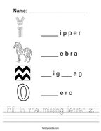 Fill in the missing letter z Handwriting Sheet