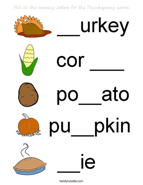 Fill in the missing letters for the Thanksgiving words. Coloring Page