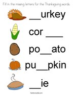 Fill in the missing letters for the Thanksgiving words Coloring Page