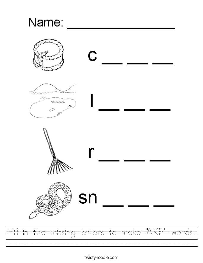 Fill in the missing letters to make "AKE" words. Worksheet