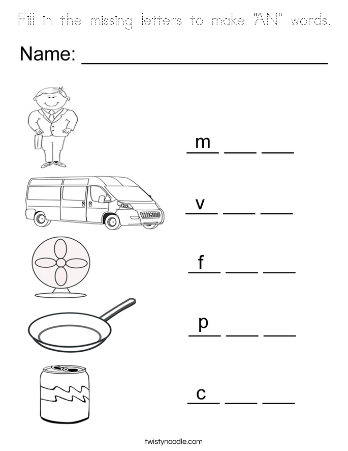 Fill in the missing letters to make "AN" words. Coloring Page