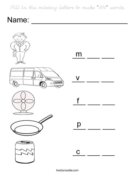 Fill in the missing letters to make "AN" Words Coloring Page