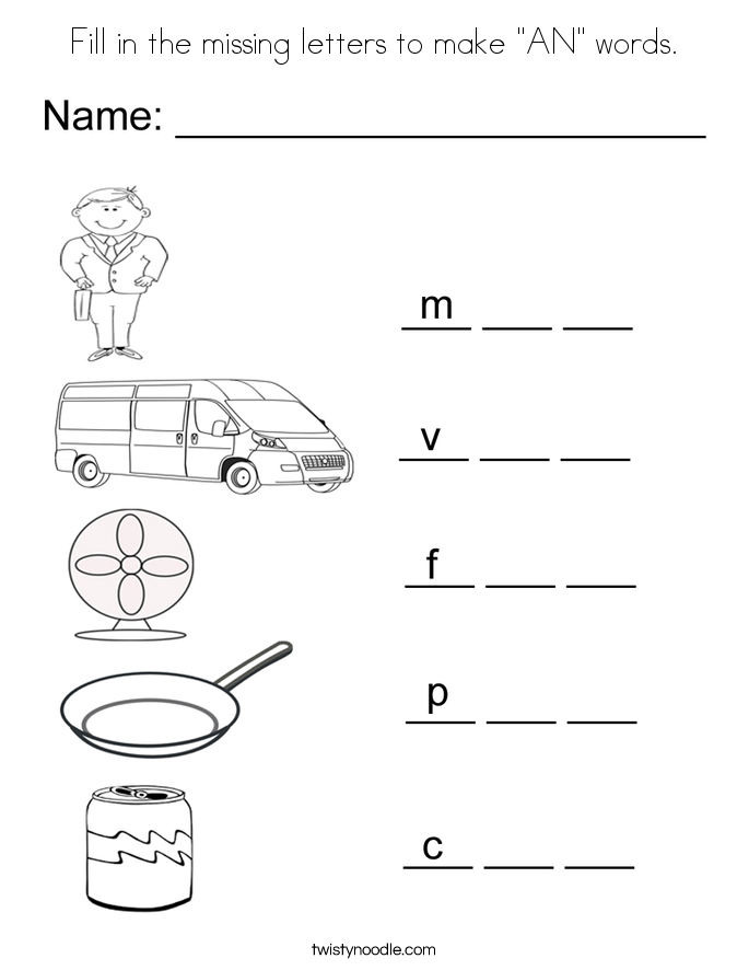 Fill in the missing letters to make "AN" words. Coloring Page