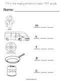Fill in the missing letters to make "AN" words Coloring Page