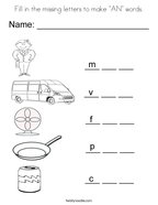 Fill in the missing letters to make "AN" words Coloring Page
