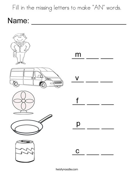 Fill in the missing letters to make "AN" Words Coloring Page