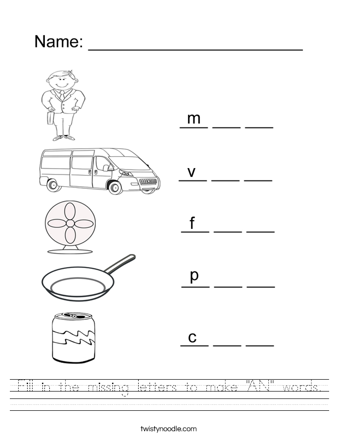 Fill in the missing letters to make "AN" words. Worksheet