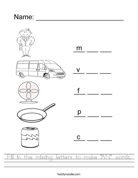 Fill in the missing letters to make "AN" Words Worksheet