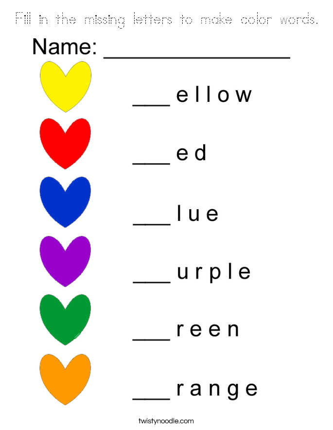 Fill in the missing letters to make color words. Coloring Page