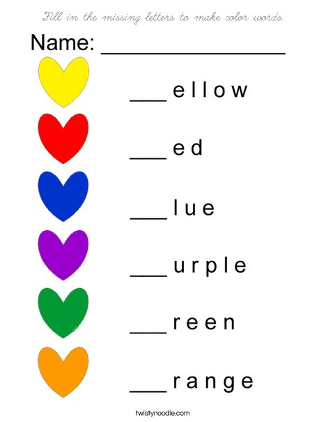 Fill in the missing letters to make color words. Coloring Page