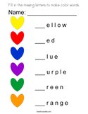 Fill in the missing letters to make color words Coloring Page