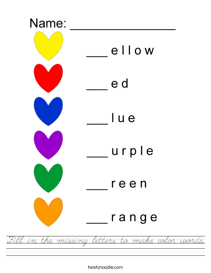 Fill in the missing letters to make color words. Worksheet
