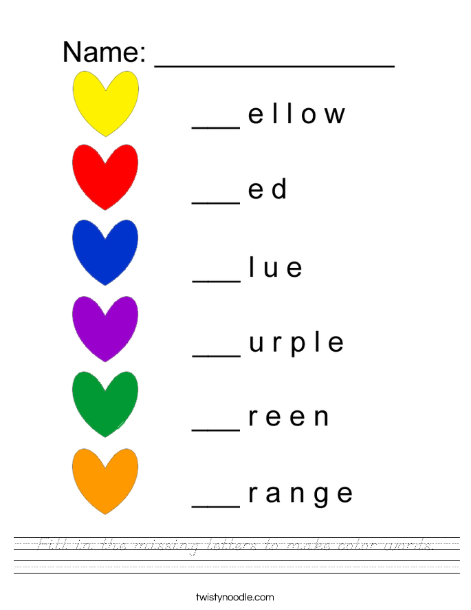 Fill in the missing letters to make color words. Worksheet