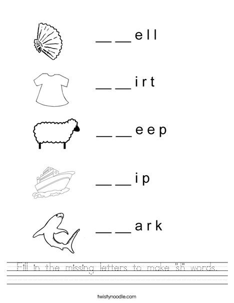 Fill in the missing letters to make "sh" words. Worksheet