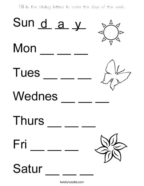 Fill in the missing letters to make the days of the week. Coloring Page