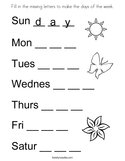 Fill in the missing letters to make the days of the week Coloring Page