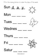 Fill in the missing letters to make the days of the week Coloring Page