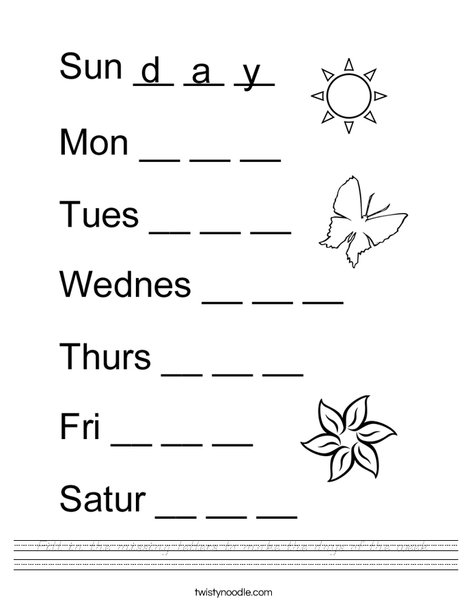Fill in the missing letters to make the days of the week. Worksheet