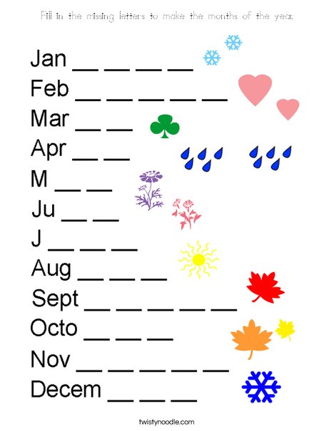 Fill in the missing letters to make the months of the year. Coloring Page