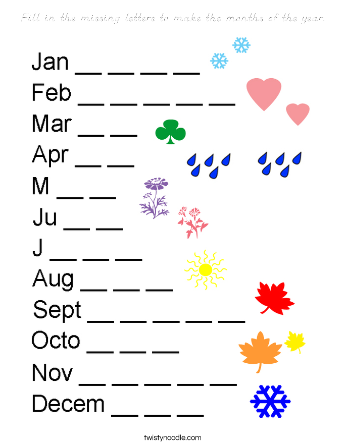 Fill in the missing letters to make the months of the year. Coloring Page