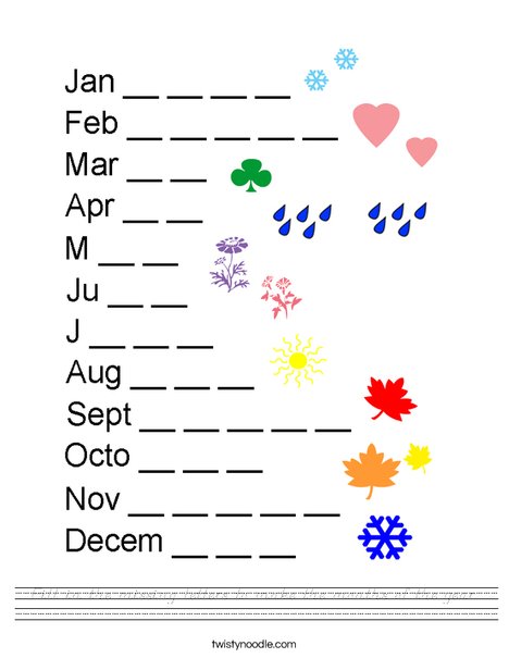 Fill in the missing letters to make the months of the year. Worksheet