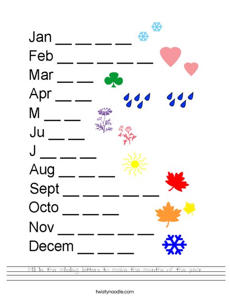 fill in the missing letters to make the months of the year worksheet twisty noodle