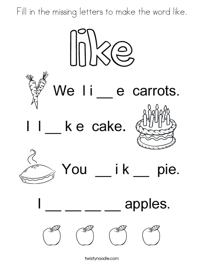 Fill in the missing letters to make the word like. Coloring Page