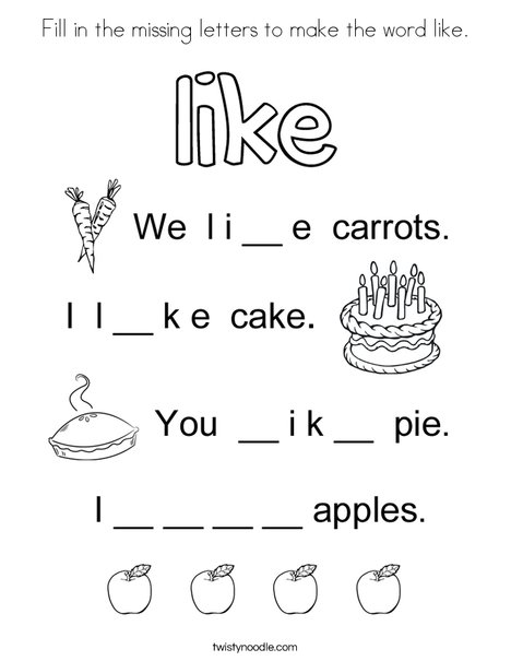 Fill in the missing letters to make the word like. Coloring Page