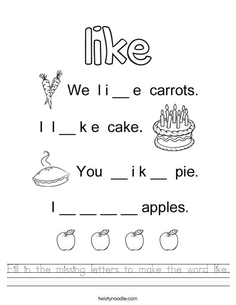 Fill in the missing letters to make the word like. Worksheet