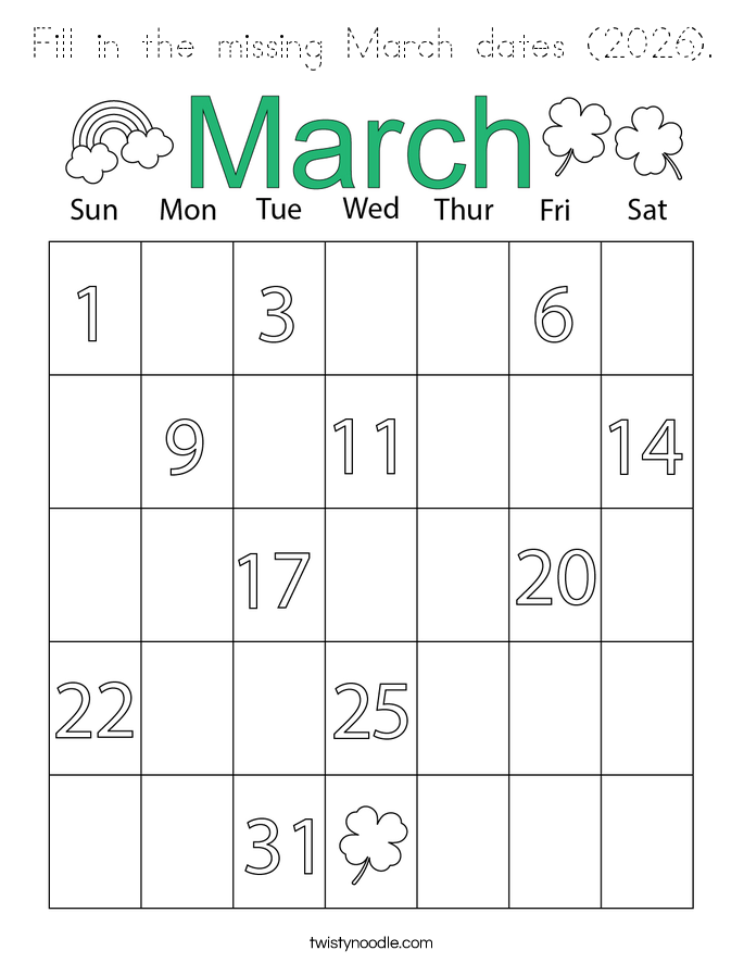 Fill in the missing March dates (2026). Coloring Page