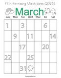Fill in the missing March dates (2026) Coloring Page