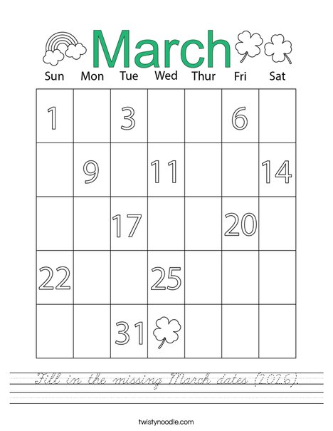 Fill in the missing March dates (2026). Worksheet