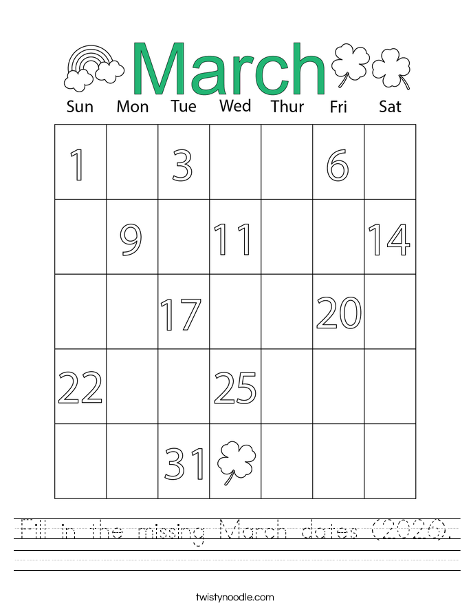 Fill in the missing March dates (2026). Worksheet