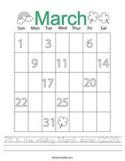 Fill in the missing March dates (2026) Handwriting Sheet