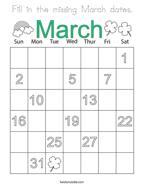 Fill in the missing March dates. Coloring Page