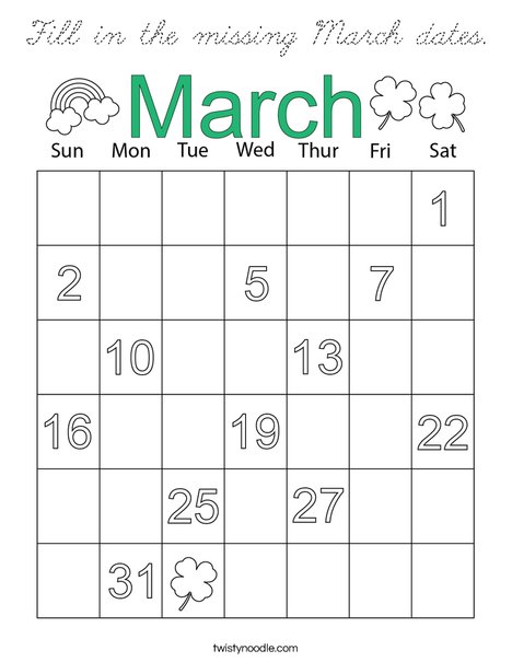 Fill in the missing March dates. Coloring Page