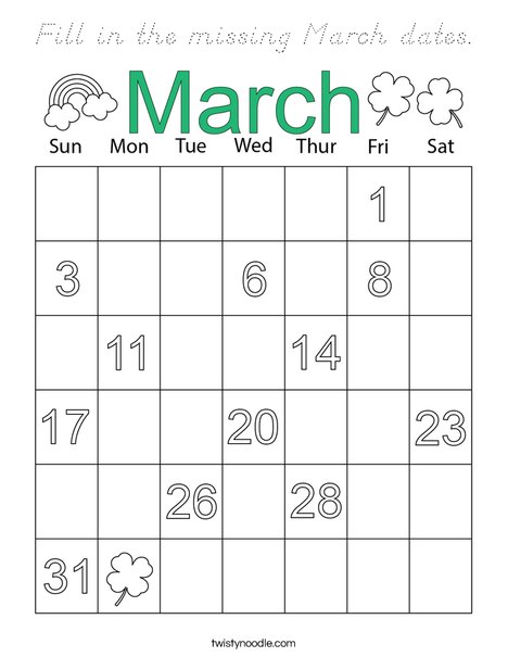 Fill in the missing March dates. Coloring Page