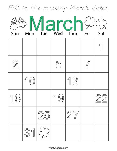 Fill in the missing March dates. Coloring Page